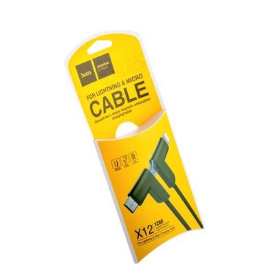 Дата-кабель USB Hoco X12 One Pull Two L Shape Magnetic Adsorption Cable 2в1 Lightning&microUSB (1.2м) Black - фото 5284
