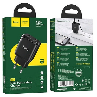 Адаптер питания Hoco N7 Speedy dual port charger Apple&Android (2USB: 5V max 2.1A) Черный - фото 19899