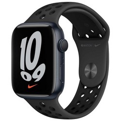 Умные часы Apple Watch Nike Series 7 GPS, 45 мм, алюминий цвета «тёмная ночь», спортивный ремешок Nike цвета «антрацитовый/чёрный» MKNC3