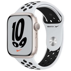 Умные часы Apple Watch Nike Series 7 GPS, 45 мм, алюминий цвета «сияющая звезда», спортивный ремешок Nike цвета «чистая платина/чёрный» MKNA3