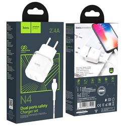 Адаптер питания Hoco N4 Aspiring dual port charger с кабелем Lightning (2USB: 5V max 2.4A) Белый