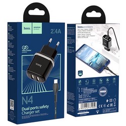 Адаптер питания Hoco N4 Aspiring dual port charger с кабелем Type-C (2USB: 5V max 2.4A) Черный