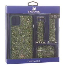 Набор SWAROVSKI 3в1 (чехол для iPhone 11 Pro Max (6.5")+ремешок для Apple Watch 44/42+чехол для Air Pods Pro) Темно-зеленый