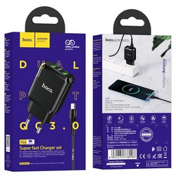 Адаптер питания Hoco N6 Charmer dual port QC3.0 charger с кабелем Type-C (2USB: 5V max 3.0A) 18W Черный